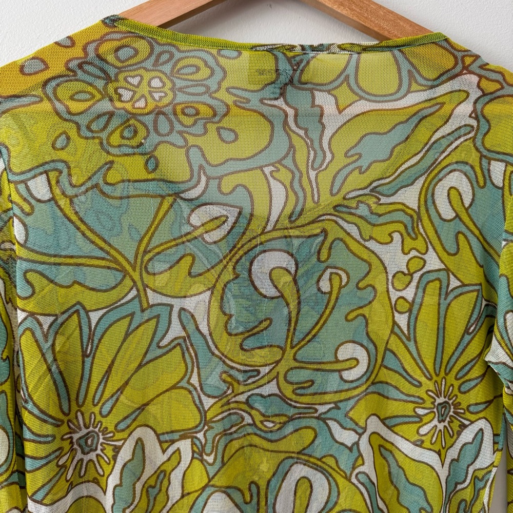 Lynn Ritchie 100% Silk Sheer Mesh Ruffle Groovy Floral Top Medium - Picture 9 of 14